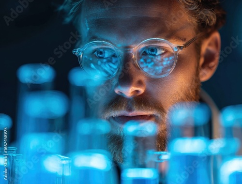 Wallpaper Mural Close-up of a scientist or researcher working with glowing test tubes in a laboratory setting Torontodigital.ca