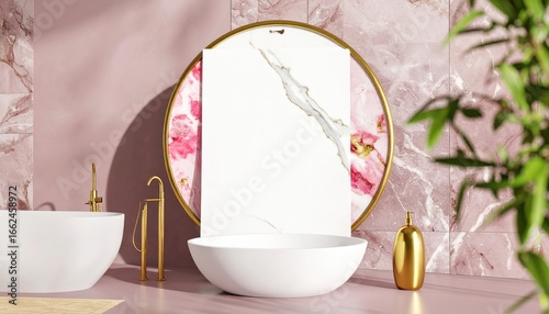 Luxe Pink Marble Bathroom with Gold Accents and a Central White Marble Display.