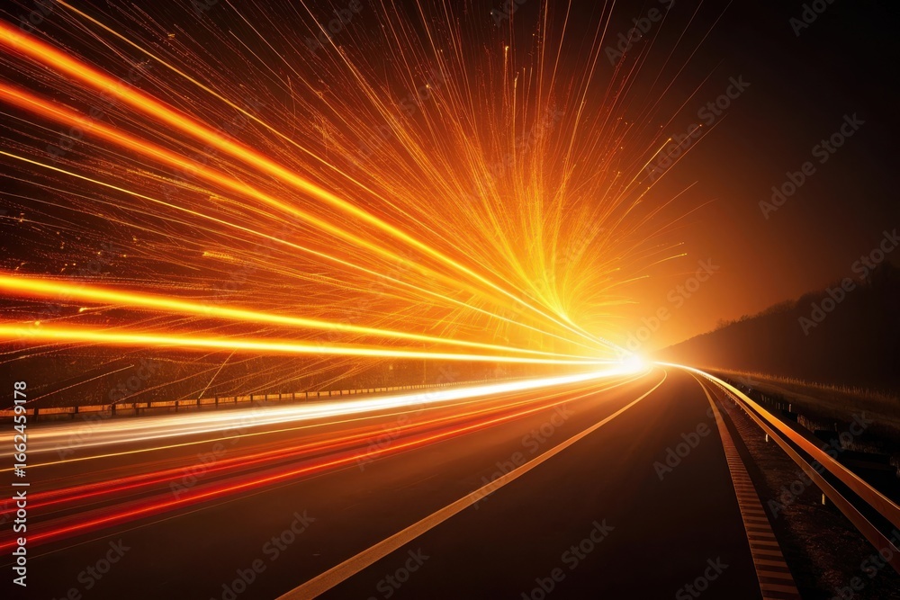Obraz premium Bright orange and yellow light trails streak across a dark road at high speed