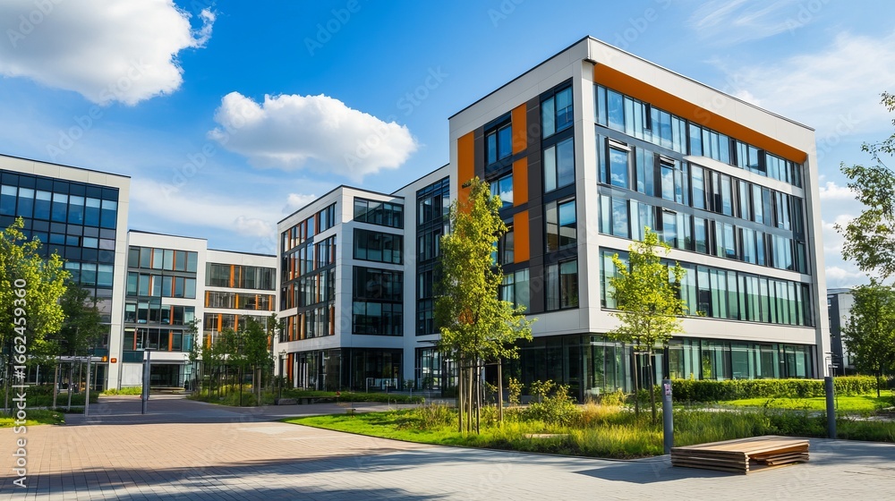 Obraz premium Modern office buildings with landscaping under a clear sky