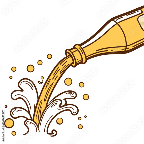 Golden liquid pouring from bottle with splash beer