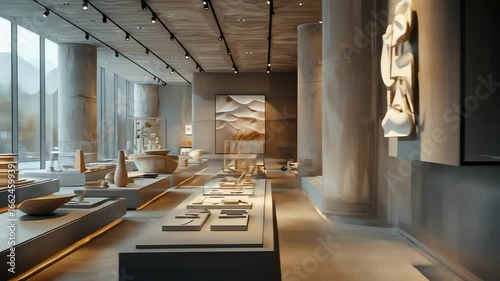 Modern museum interior with sculptures artwork and display cases