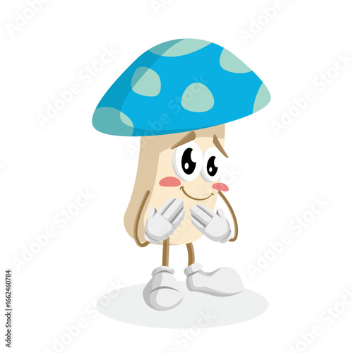 Photos Shy and blushing blue mushroom cartoon character with hands on cheeks looking cu