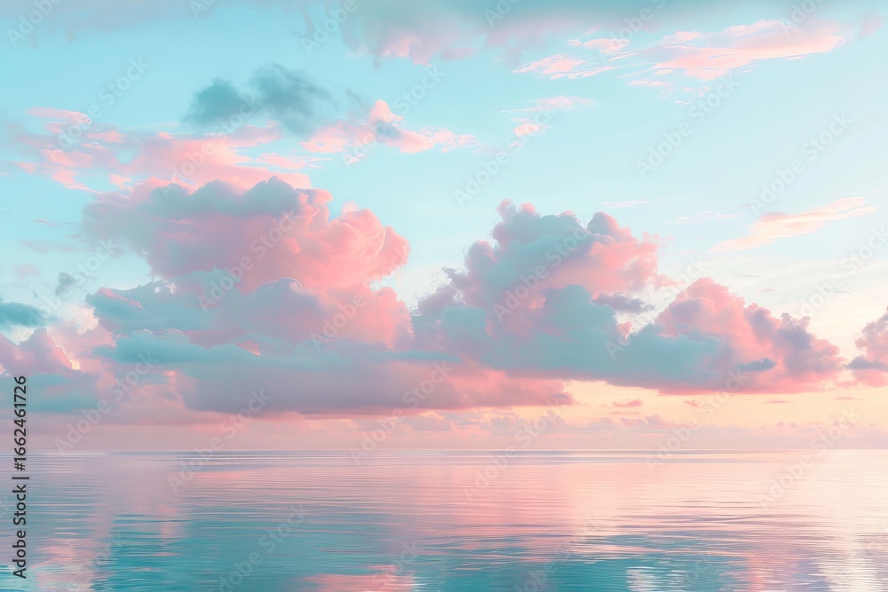 Naklejka premium Pastel-toned sunrise over a calm sea, with soft clouds