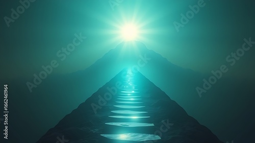 Glowing path of floating footsteps ascending toward a radiant health summit.