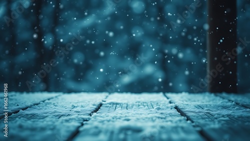 Snow-covered wooden surface with falling snowflakes, evoking a serene winter atmosphere.