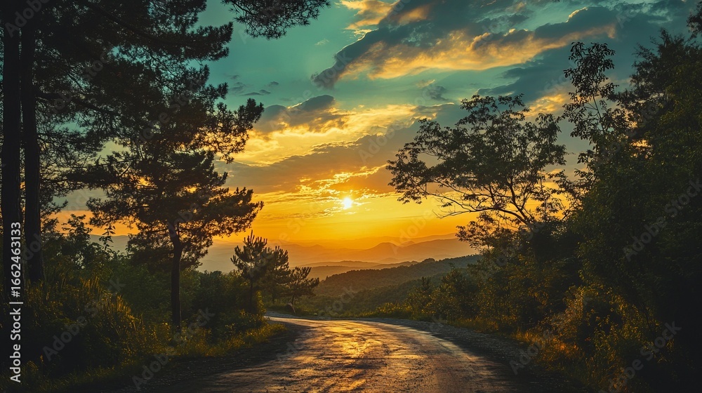 Obraz premium Scenic mountain road at sunset, trees and clouds