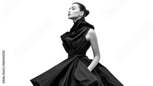 Fashion model in a sculptural, avant-garde black dress with strong angular lines, isolated on a Transparent background, PNG file.