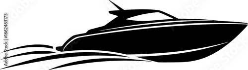 Silhouette of a Boat: A timeless silhouette of a sleek, compact boat cutting through the water. Its minimalist black and white design evokes a sense of adventure and freedom on the open sea