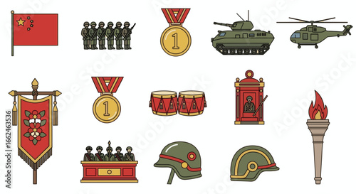 Explore chinese military parade elements vector art featuring soldiers tank flag and more