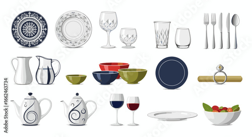 Stock vector of tableware plates glasses silverware and bowls for kitchen and dining