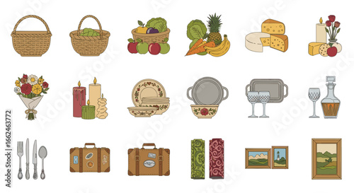 Vintage home decor collection baskets fruit cheese candles flowers suitcases art prints