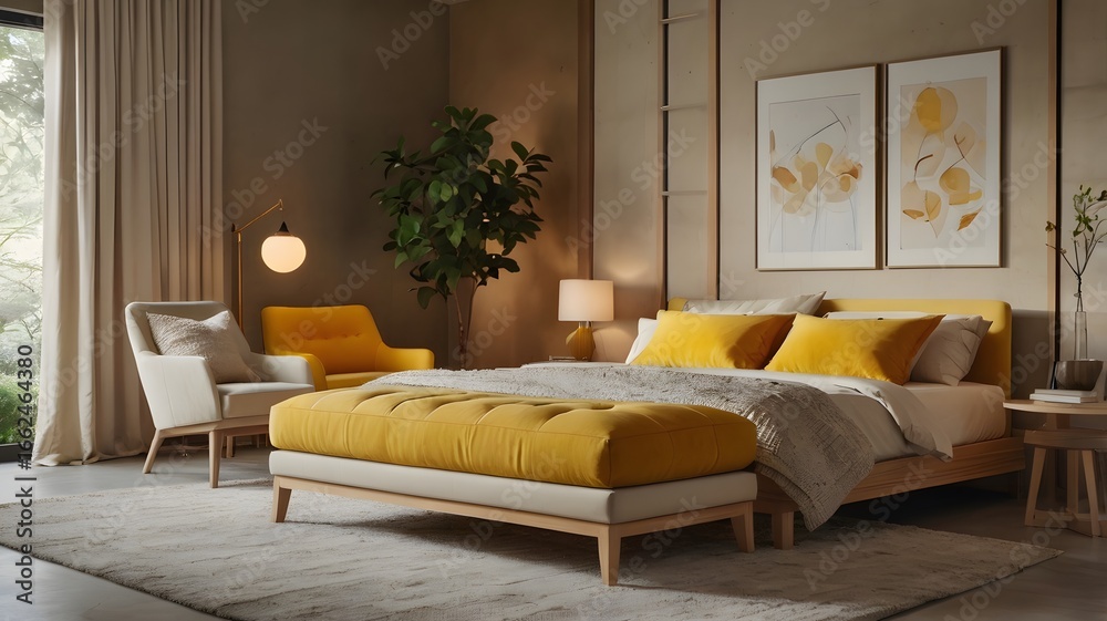 Obraz premium Modern bedroom interior with yellow accents
