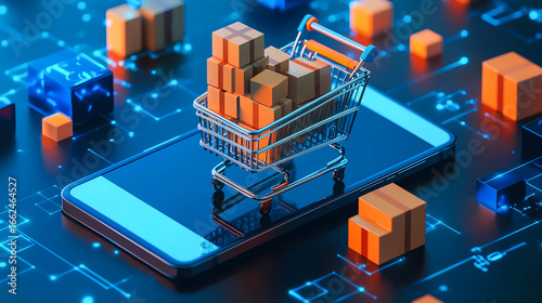 Illustration of online shopping concept with a shopping cart on a mobile phone and an express box