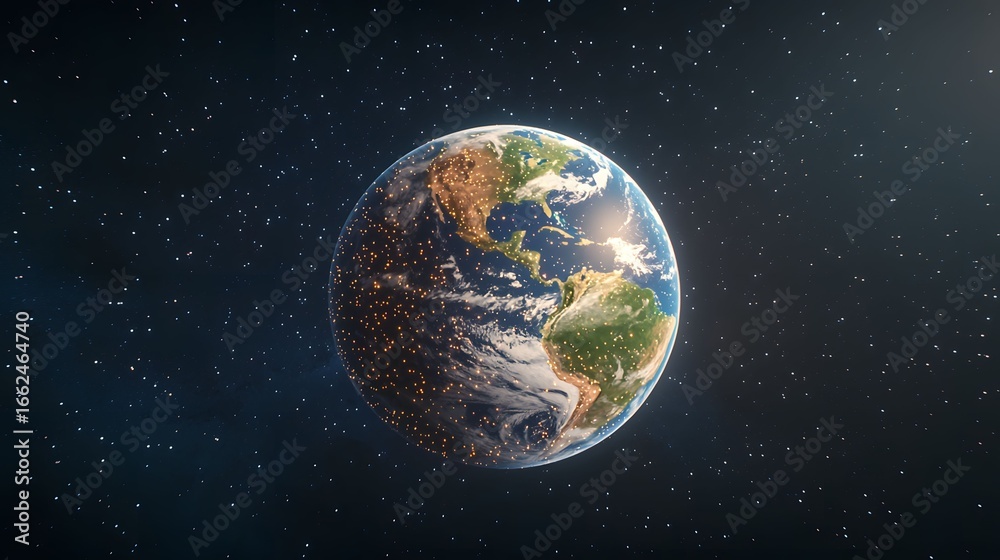 Obraz premium This image displays a detailed view of planet Earth from space, set against a backdrop of sparkling stars illustrating the intricate patterns of cities at night.