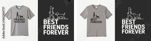 Gray TShirts Showcasing 'Friends Forever' and 'Best Friends Forever' with Dog Walking Silhouette Designs