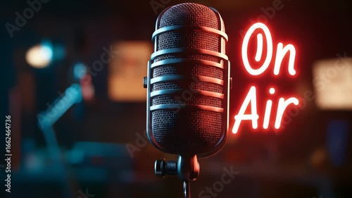 Vintage microphone with a red On Air neon sign