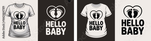 Hello Baby TShirt Design with Footprints and Heart, Available in Black and White