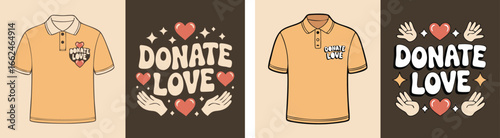 Illustrated Donate Love Polo Shirt Designs Featuring Hearts and Hands on Neutral Background