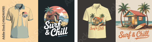 Illustrated Surf Chill TShirts and Designs Featuring Beach Houses, Palm Trees, and Surfboards