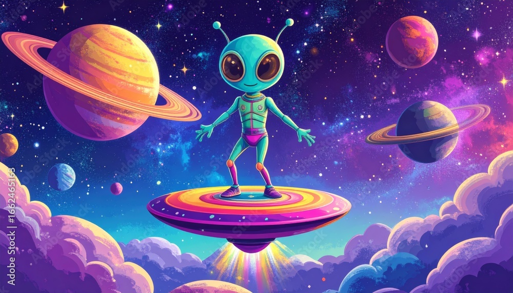 Naklejka premium Alien in Space - Colorful Galaxy Adventure mascot