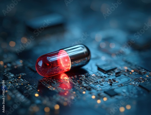 Close-up of a small cylindrical electronic device with a red light on a wet in low light