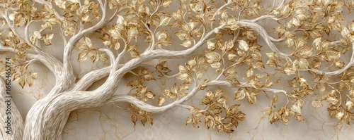 A captivating tree with textured bark and golden leaves creates an elegant and luxurious botanical design, perfect for adding a touch of nature and sophistication to any project.