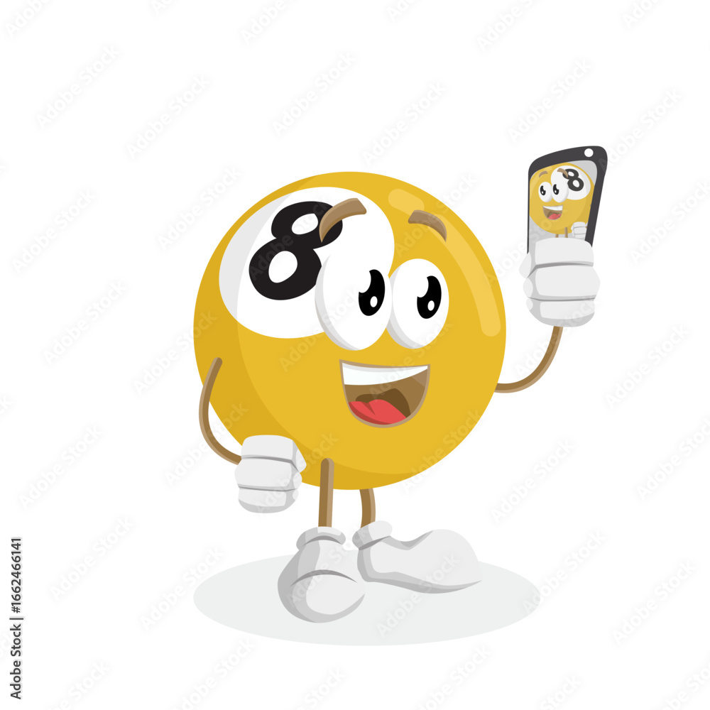 Fototapeta premium Modern Number Eight Billiard Ball Character Taking Selfie with Smartphone for Social Media