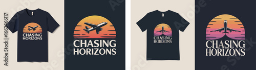 Navy Tshirts with Retro Airplane and Chasing Horizons Text Displayed on Hangers