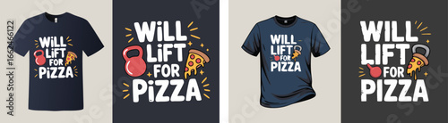 Navy Tshirts with Will Lift for Pizza Designs Featuring Kettlebells and Pizza Slices