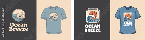 Ocean Breeze TShirt Design with Seashell and Wave Graphic, Mockup on Apparel and Isolated Logo