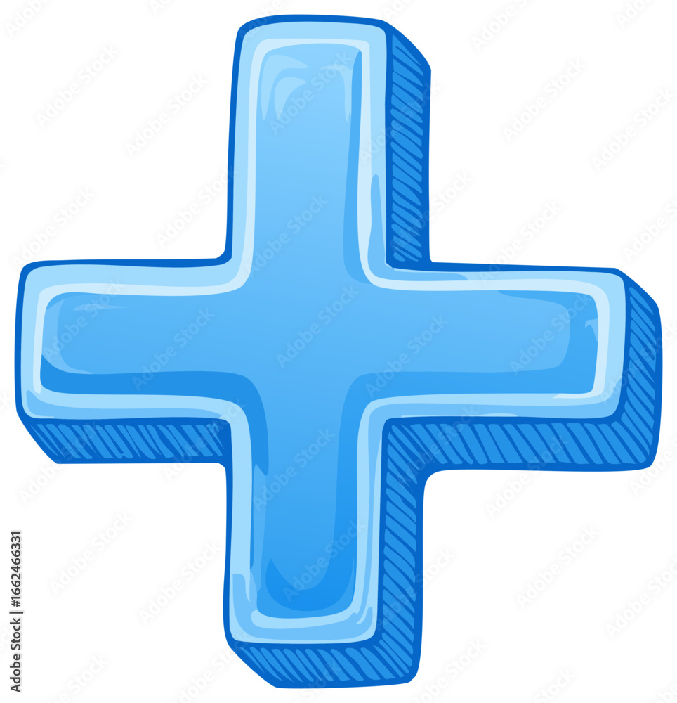Obraz premium Blue cross symbol with shadows, cartoon style