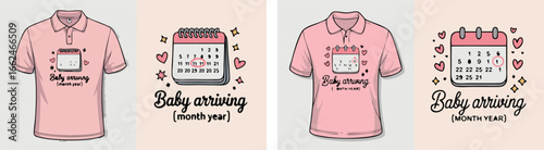 Pink Polo Shirt With Baby Arriving Design Featuring Calendar, Hearts, and Stars on a Beige Backdrop