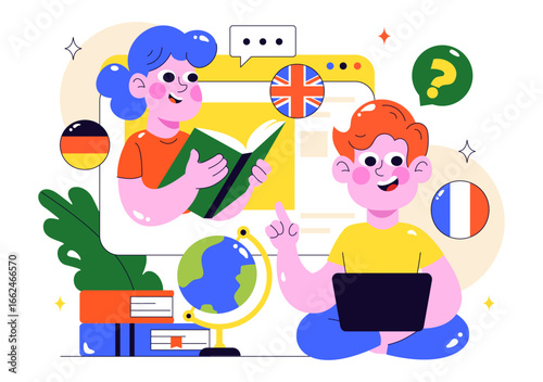 Online Language Learning Vector Illustration Featuring Courses, Training Programs, and Studying Foreign Languages Abroad through Website Education