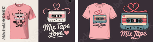 Pink TShirt Mockups with Mix Tape Love Design Featuring Cassette Tapes and Hearts Illustration