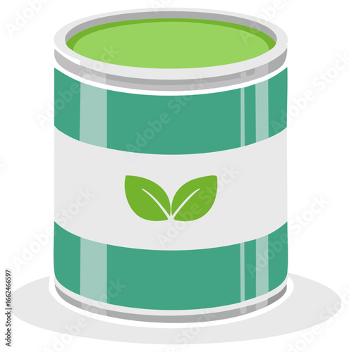 Eco friendly green tin can with a leaf logo on the label for organic food or natural products vector illustration