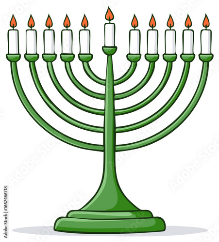 Cartoon illustration of a green Hanukkah menorah with nine lit candles for the Jewish holiday