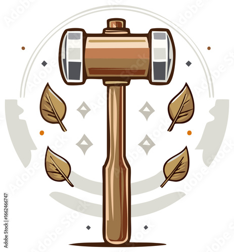 Traditional Wooden Mallet Hammer with Decorative Elements and Leaves