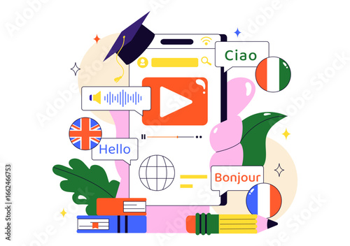 Online Language Learning Vector Illustration Featuring Courses, Training Programs, and Studying Foreign Languages Abroad through Website Education
