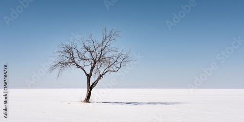 Minimalist winter landscape featuring a single bare tree with thin black branches in a vast white snowfield, 80% pale blue sky, off-center composition, high contrast, clean scene