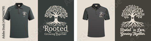 Polo Shirt with Rooted Tree Design and with Rooted in Love Message on Dark Backgrounds