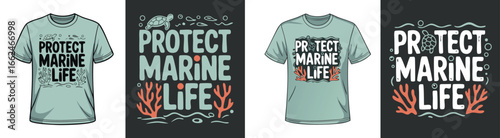 Protect Marine Life Cartoon TShirt Designs Turtle, Coral, and Ocean Conservation Advocacy Illustration