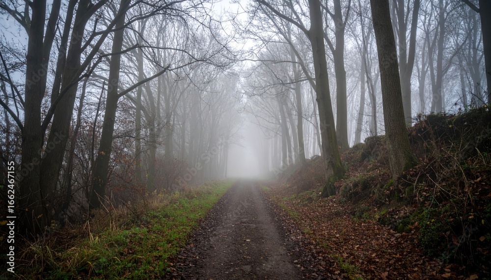 Obraz premium Misty Forest Pathway in Autumn