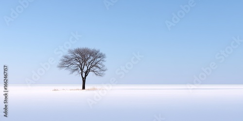 Minimalist winter landscape featuring a single bare tree with thin black branches in a vast white snowfield, 80% pale blue sky, off-center composition, high contrast, clean scene