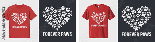 Red TShirt with White Paw Print Heart and Black Panel with Matching Design