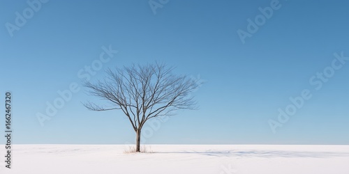 Minimalist winter landscape featuring a single bare tree with thin black branches in a vast white snowfield, 80% pale blue sky, off-center composition, high contrast, clean scene