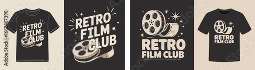 Retro Film Club TShirt Designs Featuring Film Reels and Vintage Typography, Mockup Displayed