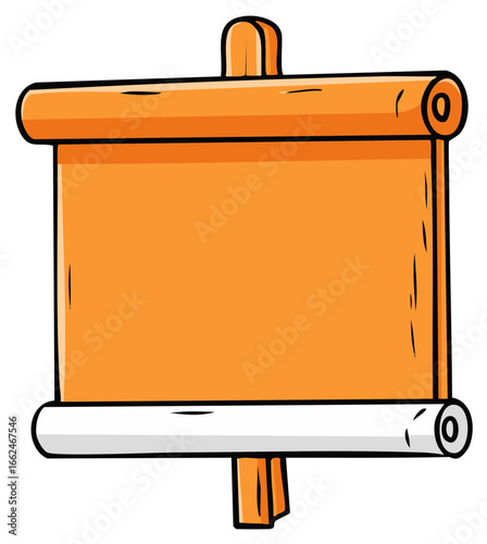 Vibrant orange blank scroll banner with a wooden holder in playful cartoon doodle style