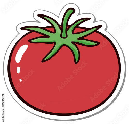 Stylized illustration of a red tomato with green leaves and a white sticker outline