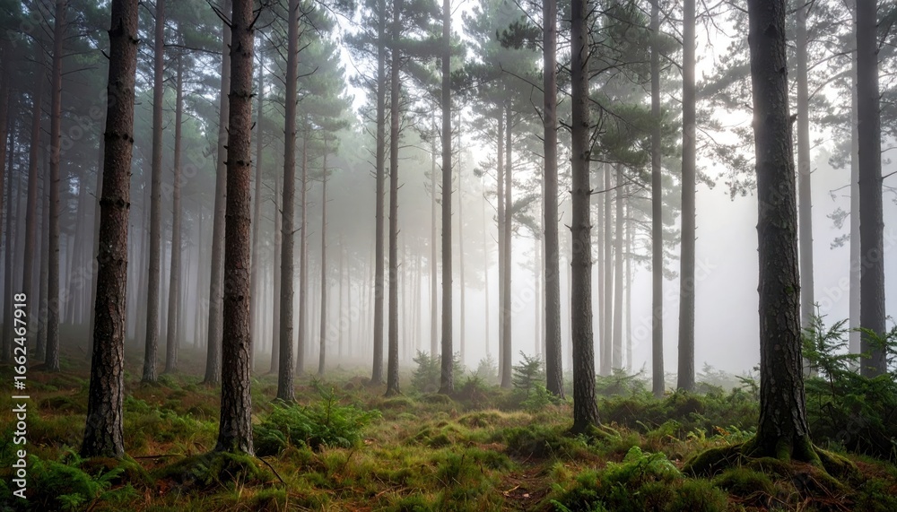Naklejka premium Mystical Foggy Forest Landscape
